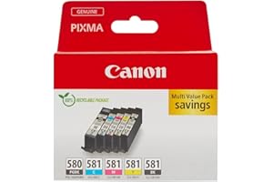 Canon Multipack Cartouche d'encre - PGI-580/CLI-581 Cartouches d'encre Authentiques pour imprimante - 5 Pack (1 x Noir, 1 x Cyan, 1 x Magenta, 1 x Jaune & 1 x Noir bureautique)