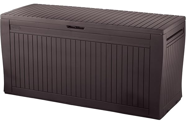 Keter Comfy - Arcón exterior, Baúl almacenaje, Capacidad 270L, Resina, Color marrón, Ordenación jardín y terraza, 44.7 x 116.7 x 57 cm