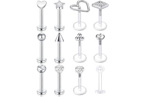 LAURITAMI 12pcs Orecchini Piercing Bottone Tragus Helix Acciaio Inossidabile Acrilico Bioflex 16G 8mm Cartilage Labbro Labret Medusa Gioielli