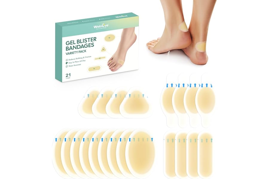 21 Pieces Blister Plasters for Feet - Welnove Invisible Hydrocolloid Gel Blister Bandages - Blister Cushions for Heel, Toe & Foot, Water Resistant Bandages(Variety Pack)