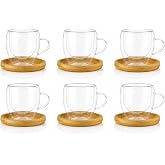 ARVALE 6'lı &Ccedil;ift Cidarlı Cam Kupa &amp; Bambu Tabak Seti &ndash; Espresso &amp; T&uuml;rk Kahvesi Fincan Takımı 90 ml