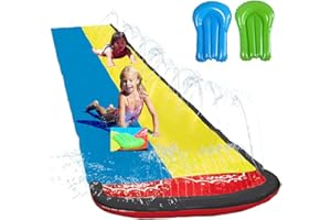 KBIBCK 15.7ft/480cm Water Slide, Lawn Water Slides for Kids with 2 Racing Lanes and 2 Body Boards, Slip and Slide Water Slide, Water Slide Mat, Double Slip Water Slide with Sprinkler for Kids, Adults