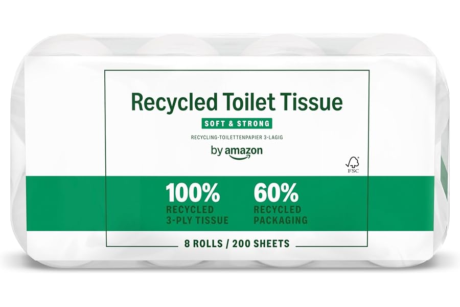 Produktabbildung zu by Amazon Recyceltes Toilettenpapier, 100% recycelte Fasern, 3-lagig, 200 Blatt, 8 Rollen (1 Pack à 8 Rollen), FSC-zertifiziert