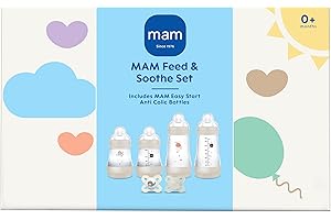 MAM Feed & Soothe Set | Anti-Colic Newborn Feeding Bottles x4 and Soothers x2 | Suitable from 0+ Months | Baby Accessories | Unisex (Various Designs)