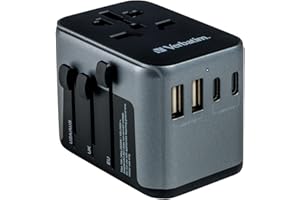 Verbatim Uniwersalny adapter podróżny UTA‑03, adapter gniazda wtykowego z 2 portami USB‑A i 3 portami USB-C, wtyczka podróżna do laptopa, telefonu komórkowego, aparatu fotograficznego i innych