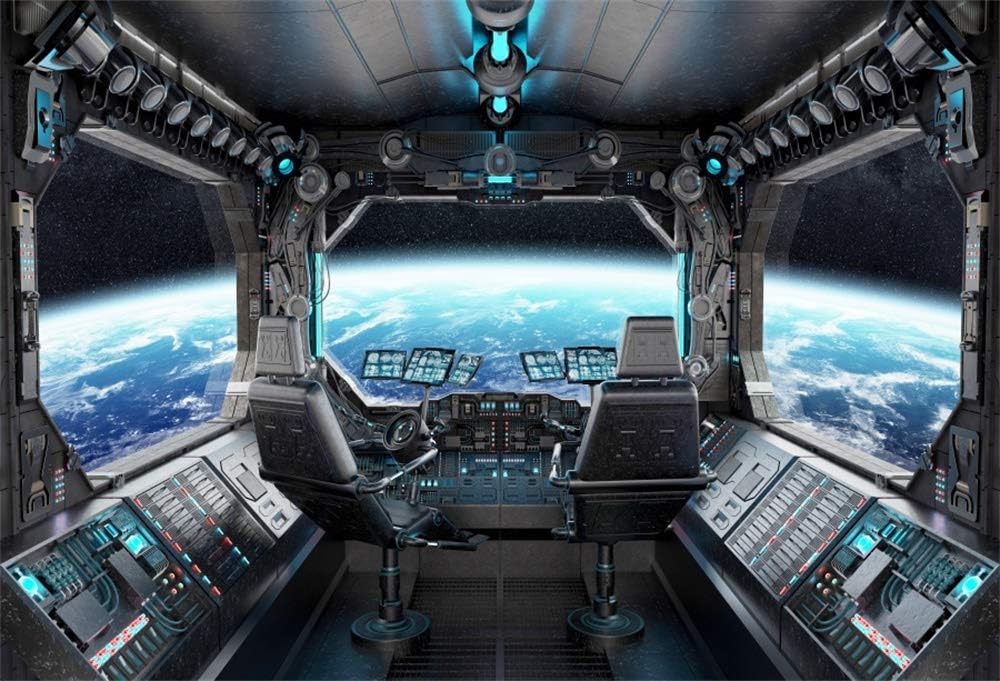 YongFoto 2,2x1,5m Vinilo Fondo de Fotografia Astronave Interior Grunge con Vista en Exoplanet Telón de Fondo Photo Booth Infantil Party Banner Niños Photo Studio Props