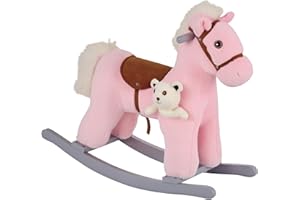 HOMCOM Cavallo a Dondolo per Bambini in Legno e Peluche con Suoni e Orsetto Incluso, per Bimbi da 18-36 Mesi, 65x26x55cm, Rosa