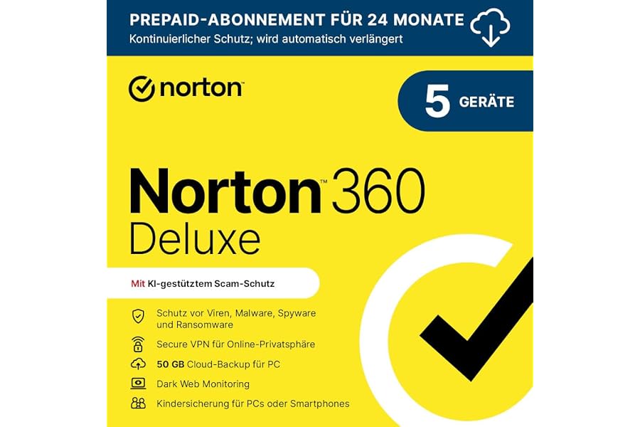 NORTON 360 Deluxe 2025 | 5 Geräte | 2 Jahre | Aktivierungscode per Email