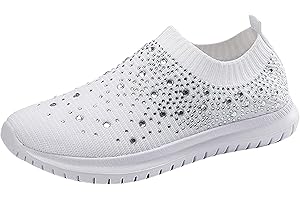 YPKSAJEG Glitter Sports Shoes Women's Mesh Breathable Trainers - Women's Slip-On Trainers with Rhinestones Soft Lightweight Slip On Shoes Memory Foam Casual Shoes Comfortable Non-Slip Fitness Shoes