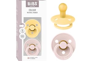 BIBS Ciuccio colorato, confezione da 2 pezzi, senza BPA, tettarella rotonda, in lattice di gomma naturale, Made in Danimarca, misura 1 (0-6 mesi), colore: burro/petalo