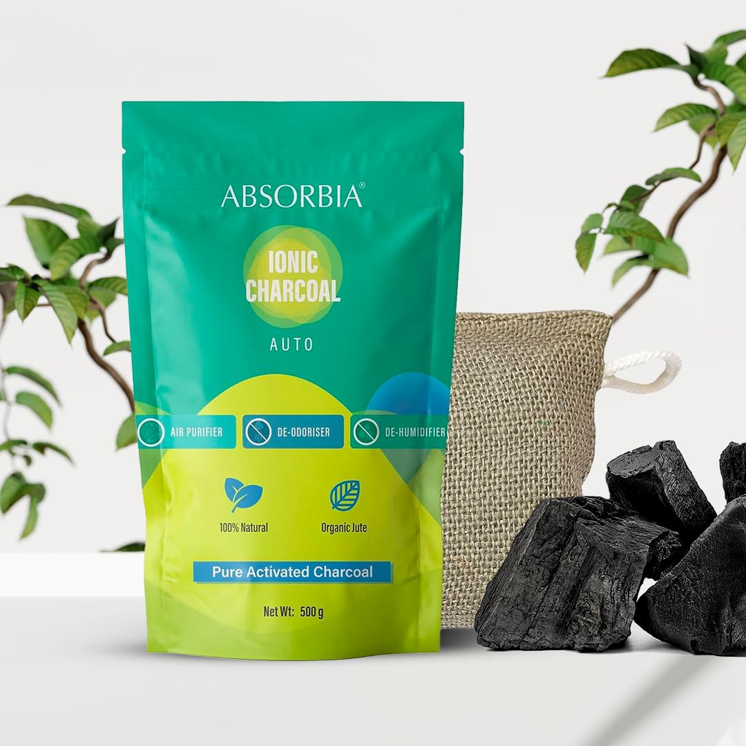 ABSORBIA IONIC AUTO Pure Activated Coconut Charcoal Air Purifier bag, made with Organic Jute | Natural Deodorizer and Dehumid