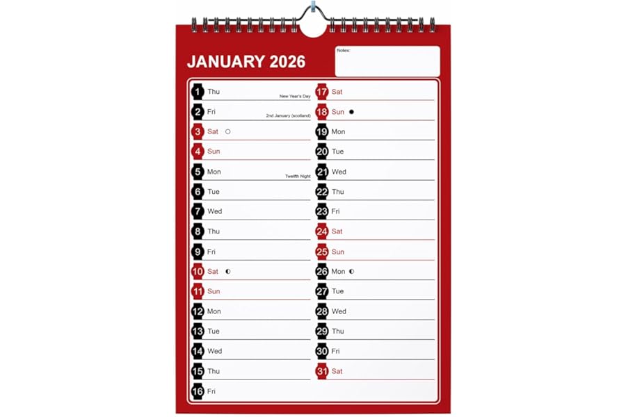 A4 2026 Wall Calendar Month To View Red And Black 12 Month Hanging Planner With Strip Includes UK Holidays, Important Dates And Moon Phases Home Office Family Organiser