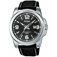 Casio Orologio da polso da uomo al quarzo classico cinturino in pelle nero cassa in ottone display analogico nero - MTP-V002L-1B3