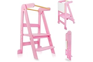 UUOEEBB Foldable Kitchen Tower, Learning Tower with 3 Adjustable Height, Kitchen Step Stool for Kids with Magnetic Whiteboards 1-6 Years Children Stool