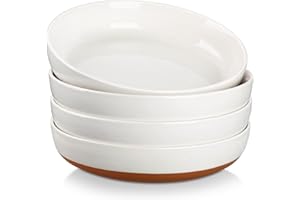 MALACASA Pasta Bowls Set of 4, Large Pasta Bowls, Ceramic Soup Bowls, 48 OZ, 9 inch, Microwave and Dishwasher Safe, White and Brown, Serie Tara