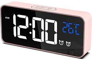 CHEREEKI Cyfrowy Budzik, Byfrowy Zegar LED z Wyświetlaczem Temperatury Przenośny Budzik z Lustrem Zegar Stołowy z 2 Alarmami 13 Dźwięków Alarmu Akumulator USB 4 Regulacja Jasności i Głośności, 12/24 Godziny