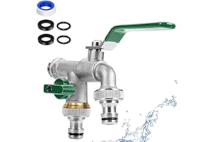 JINYOMFLY Grifo Doble de Calidad de Latón de 1/2 Pulgada, Resistente al Óxido y Las Heladas, Grifo de Jardín con 2 Conexiones de Manguera, Doble Conexión y Boquilla para Jardín (Verde)