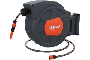 GRIFEMA G301-35 Carrete de Manguera de Jardín Automático, Enrollador de Manguera de Pared de 35 M con Rotación de 180 grados, con Boquilla Ajustable,gris [Exclusivo en Amazon]