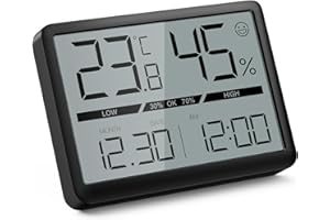 CHEREEKI Termometro Digital Casa con Higrometro, Termometro Interior con Reloj, Medidor Temperatura y Humedad para Casa, Habitacion Bebe, Invernadero, Oficina