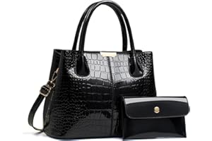 NICOLE & DORIS Bolso de Mano Mujer Bolso con Monedero Bolsos de Cocodrilo Bolso Bandolera Charol Bolso de Hombro para Viajes Compras Trabajo Negro