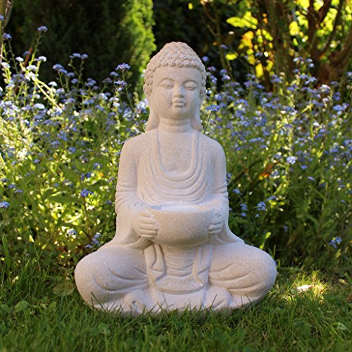 Buddha Deko-Figur Aus Stein Sitzend 30cm Skulptur Mit Teelichthalter Für Wohnzimmer Oder Garten - 2