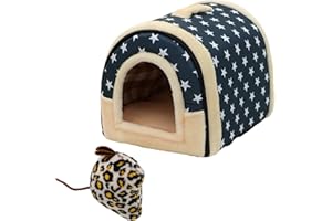 MEMOFYND 1 Tiernest (weißer Stern auf blauem Hintergrund) mit 1 Stofftier, bequemes Höhlen-Kleintierbett, abnehmbares großes Meerschweinchenbett, Haustierbedarf, abnehmbares Kleintierbett.