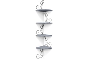 Alsonerbay Corner Shelf Wall Mount of 4 Tier Corner Shelves Rustic Wood Floating Shelf Cat Shape Metal Corner Stand for Bedroom Living Room Bathroom Kitchen Office and More Grey