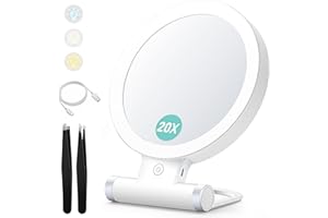 B BEAUTY PLANET Magnifying Mirror with Light,20X/1X Double Sided Tabletop Portable Lighted Makeup Beauty Mirror, 3 Color Lighting, Dimmable Touch Screen,Cosmetic Mirror with Lights for Makeup/Travel