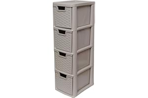 Khanary A5 Plastic Storage Drawer 4 Tier Rattan Effect Tower Storage Unit Medium Organizer Home Kitchen School Offices Desktop Stationary Art Clothes Toys Bath- 62(H) x 25(D) x 19(W)-Mushroom