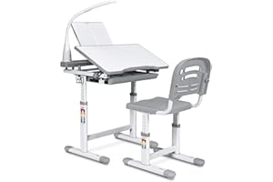 GYMAX Children's Desk Chair Set, Height Adjustable School Student Study Table with Eye Protection Lamp, Reading Stand, Multifunctional Kids Writing Desk and Chair for Girls Boys (Grey)