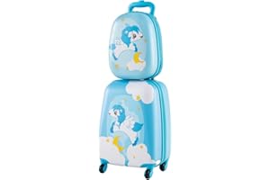HOMFME 2 PCS Kids Luggage Set, 16 Inch Children Carry on Suitcase with 12 Inch Backpack, Adjustable Handle and Smooth Wheels, Hard Shell Boys Girls Trolley Case for Travel School (Unicorn, Blue)