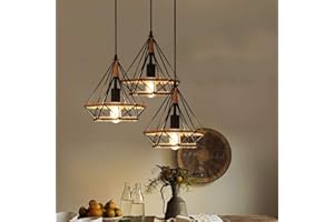 MENGJAY TRADE Vintage Lustre Suspension en forme Diamant E27 créatif Trois tête Industrielle Lustres en Fer forgé Corde de chanvre Ajustable Lustre Plafonnier pour Salle à Manger Cuisine Salon Restaurant café (A)