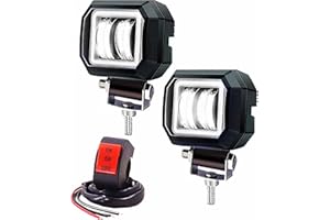 OURBEST Led Fog Lights Angel Eye with Switch, 2pc Offroad LED Square Driving Work Light Bars for Motorcycle ATV Offroad Trucks Agricultural Vehicles Farming Heavy Equipment(White Beam with White Halo Ring)