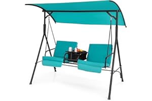 SFAREST 2-Person Garden Swing Chair, Patio Hanging Chair with Adjustable Canopy, 23L Cooler Bag, 360° Rotatable Tray, Cup Holders & Removable Cushion, Hammock Loveaseat for Porch Backyard (Turquoise)