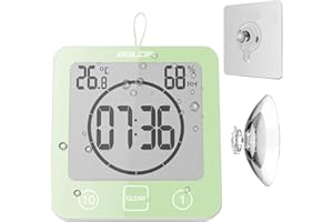 LINDAHOME Waterproof Bathroom Wall Clock Shower Timer, Digital Large Visual Countdown Alarm Clock with Temperature Humidity, Mirror Suction & Rope Hanging & Stand, Easy Table Timer for Bath Kitchen Spa (Green)