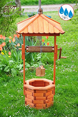 Brunnen, Klassik Garten Brunnen aus Holz, gross ca. 160-170 cm, einstöckig Designer-KLASSIK MIT Rolle & Eimer , EXP160-du-OS voll funktionstüchtig,schöne Details, Metallkette Deko-Brunnen Outdoor, Brunnen mit Eimer und Rolle o. SOLAR o. Außenbeleuchtung / Solarbeleuchtung / LED Licht groß dunkelbraun braun Brunnenrolle - Leisten brauner Korpus unten, für Innen- und Außenbereich, Spitze, Garten und Terrasse, wunderschöne Gartenzierde