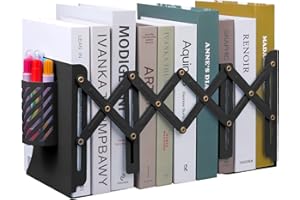 MSDADA Buchstützen, Buchstütze mit Stifthalter, Metall Verstellbar Buchhalter, rutschfeste Bookends für Zuhause, Büro, Schule, Bibliothek, Ausziehbar bis zu 18.3 in (Schwarz)