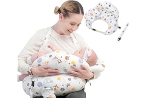 LengSuaa Nursing Pillow for Breastfeeding Baby, Multifunctional Breast Feeding Pillow with Adjustable Waist Strap and Safety Fence, 100% Cotton Removable Pillowcase, Happy Planet