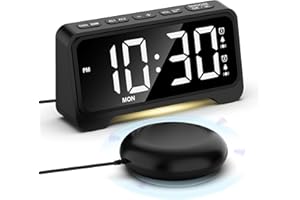 MESQOOL Sveglia con Vibrazione, Sveglia Potente Forte per Sordi, Orologio da Tavolo con Luce Notturna, Porta USB, Ampio Display, Luminosità Regolabile, 2 Allarmi, Plug-in Orologio Digitale da Camera, 12/24h