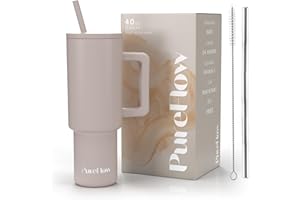 PureFlow 40oz/1200ml Tumbler with Straw and Lid Premium Handle | Eco-Friendly Reusable Insulated Travel Mug | Iced Coffee Cup | No Single Use Plastic Cups | Insulated Cup (Almond Birch)