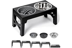 FOTUYOGO Raised Dog Bowl with Adjustable Stand, 3-in-1 Elevated Dog Bowl with Slow Feeder,Non-Spill Slow Water and Stainless Steel Bowls 5 Height Adjustable dog food stand for Small Medium Large Sized Dog