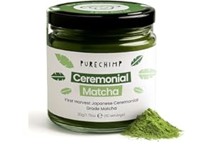‎PURECHIMP PureChimp Matcha Pulver Ceremonial Grade 50 g. 100% reines Tee Pulver aus Schattenanbau für Latte, Aufgüsse & Rezepte. Recycelbares Einmachglas. Reich an Antioxidantien.
