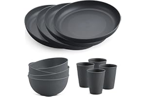 HOMGEN Plastic Plates and Bowls Set - 12 PCS Unbreakable Tableware Set - Reusable Plates Bowls 11 oz Cups - Microwave & Dishwasher Safe Dinner Plates - Lightweight Party Dinnerware Service for 4