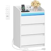 Hzuaneri Bedside Table, 3 Drawers, Charging Station and LED | Bedside Table with 2 AC Outlets and 2 USB Ports, Side Table, fo