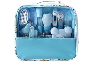 YL JIARO 13 pcs/ensemble Kit de soins bébé Infirmière nouveau-né Bébé Clou Cheveux Soins de santé Des gamins Thermomètre Toilettage Brosse Trousse (Blau)
