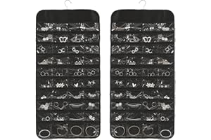 SXCCNW Hängende Schmuck Organizer, Kleiderschrank Schmuckaufbewahrung Doppelseitig mit 80 Taschen und Metallhaken Doppelseitiger Schmuckhalter für ZubehöR Ring Ohrringe Halskette Armband 86 x 43 cm Schwarz