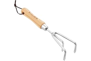 Berry&Bird Handheld Triple Claw Rake, Edelstahl Garten Hand Grubber mit ergonomischen Holzgriff und Lederriemen Heavy Duty Tool für Tilling Gartenarbeit