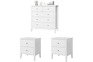 FOREHILL Conjunto Muebles de Dormitorio, 3 Piezas, 1 Cómoda Dormitorio de 5 Cajones, 2 Mesitas de Noche Dormitorio, Blancas, Moderno