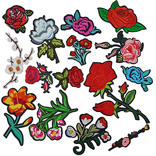 Satkago 15 Stück Stickerei Pfingstrose Rose Blumen Nähen Bügeln auf Aufnäher Bügelbild Kleidung Patches für T-Shirt Jeans Kleidung Taschen Hut