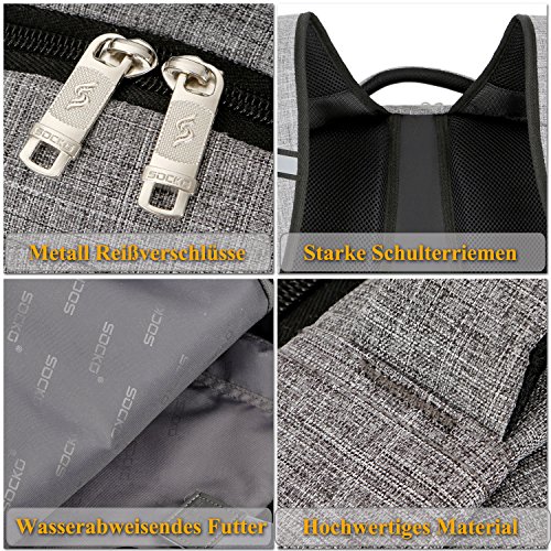 Laptop Rucksack mit USB Anschluss  SOCKO 17 3 Zoll Wasserdicht Rucksack Schulrucksack Business Backpack Reisen Campus Rucksack Outdoor Daypack f  r Sp